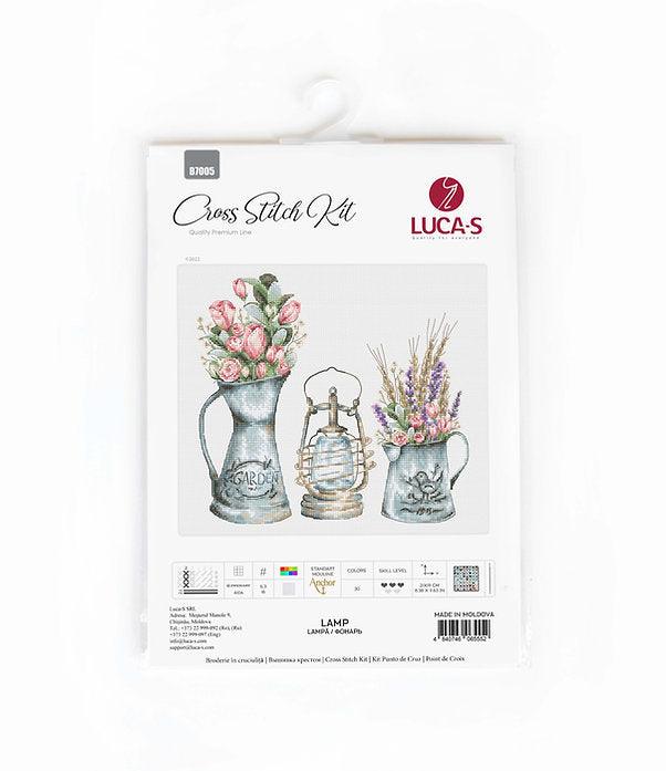 Lamp B7005L counted cross-stitch kit featuring a spring landscape with lavender and rose flowers, includes canvas, needle, and threads.